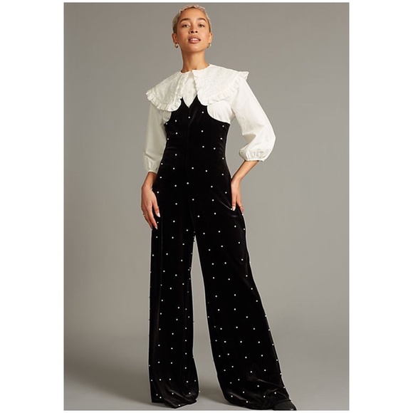 Eva Franco Anthropologie Black Velvet Pearl Wide Leg V Front Sleeveless Jumpsuit - Picture 5 of 9